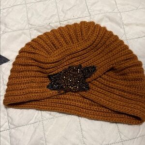 Cozy Brown Knit Beanie with Beaded Accent